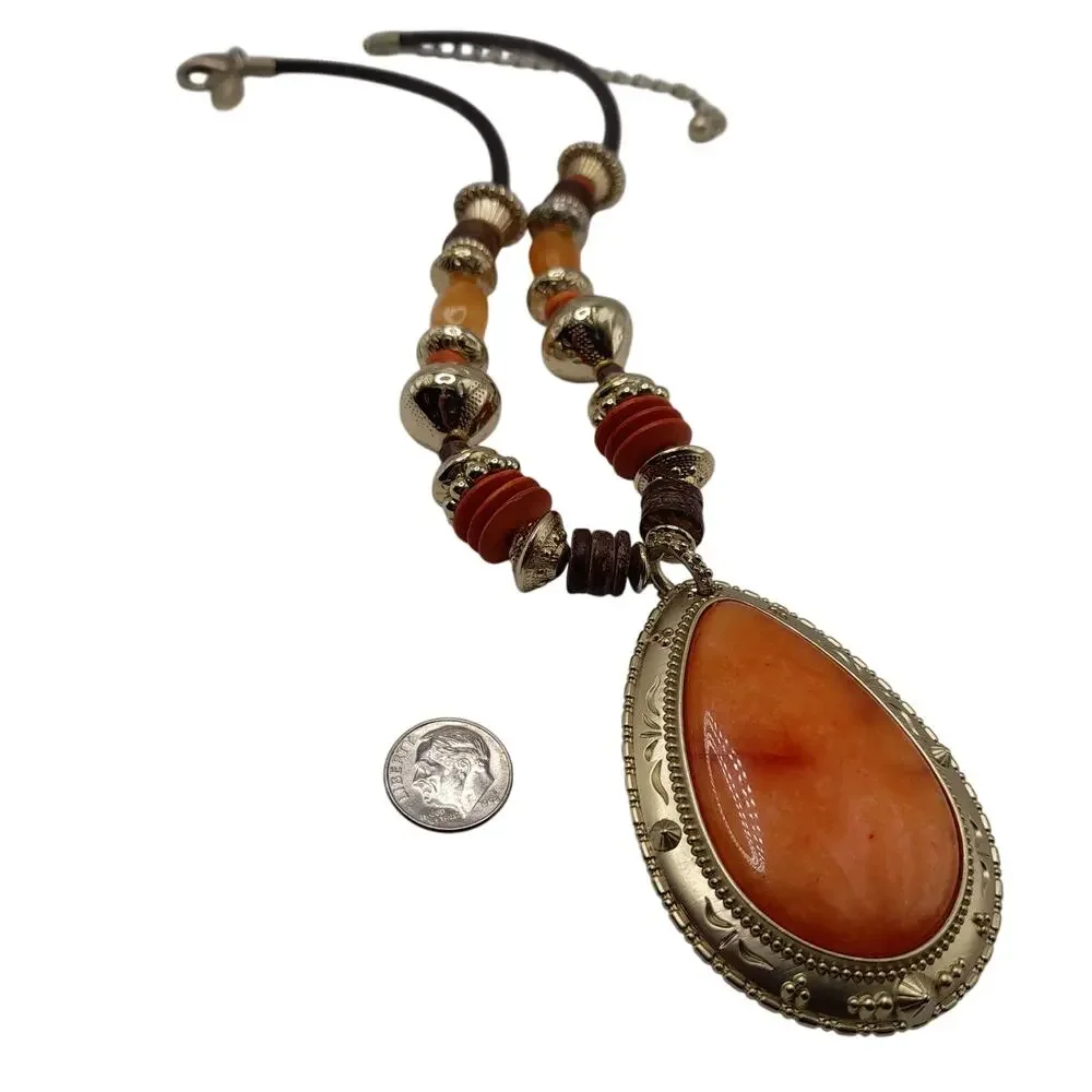 Chico's Beaded Gemstone Pendant Necklace, Leather Cord, 21 1/2